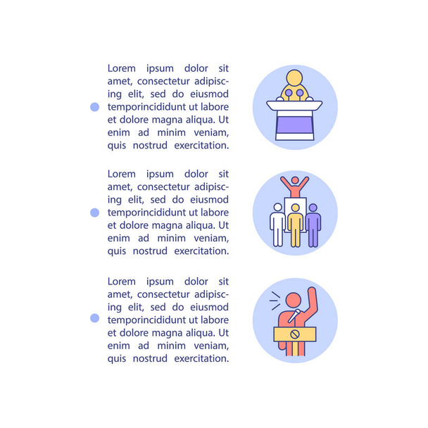Political climate change denial concept line icons with text. PPT page vector template with copy space. Brochure, magazine, newsletter design element. Action and argument linear illustrations on white - Vetor, Imagem