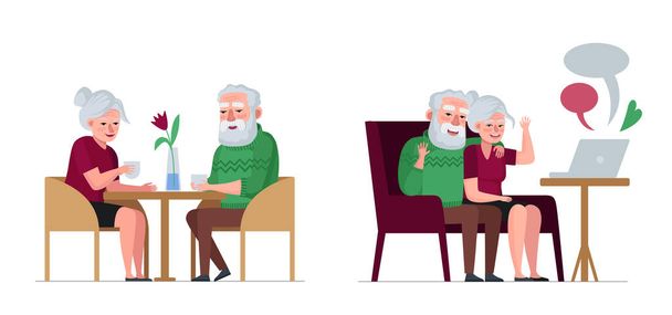 Yaşlı çift, kafede oturup sohbet ederek emekli oldu. Dizüstü bilgisayardaki yaşlılar internet konferansında. Emekli ilişkiler. Yaşlılar kahve dükkanında ve video iletişiminde rahatlar. Eps - Vektör, Görsel