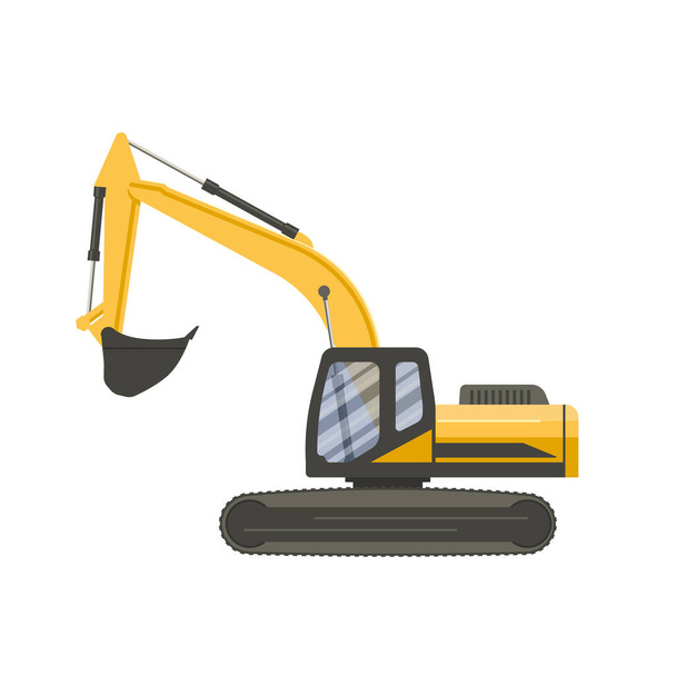 Yellow track excavator isolated on transparent white background. Vector flat design illustration. Side view. - Vector, Image