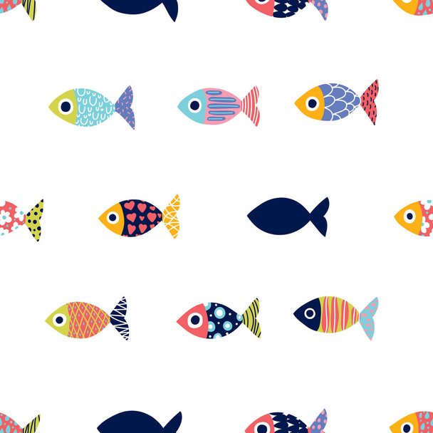 Cute fish.  Kids background. Seamless pattern. Can be used in textile industry, paper, background, scrapbooking. - Vector, Image