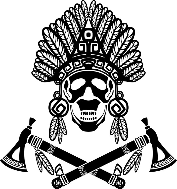 Totenkopf mit indischer Kopfbedeckung und gekreuzten Tomahawks - Vektor, Bild
