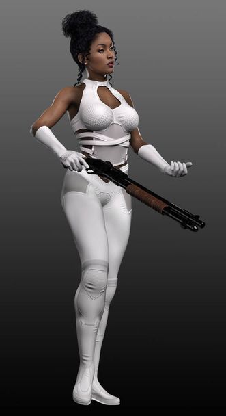 Urban Fantasy Superhero SciFi POC Woman in White Leather - Photo, Image