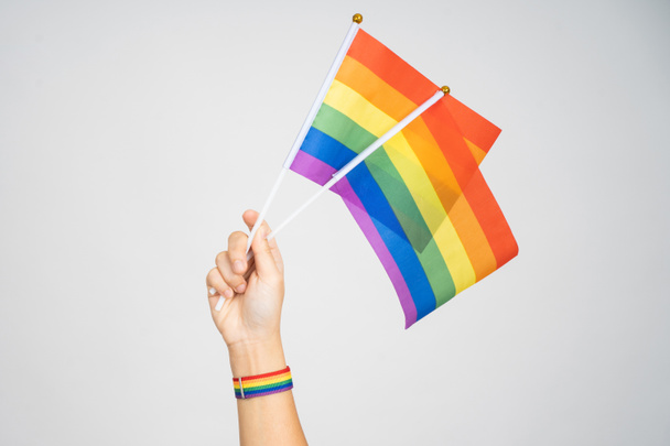 Gay banderas en la mano de las mujeres en gris fondo. - Foto, Imagen