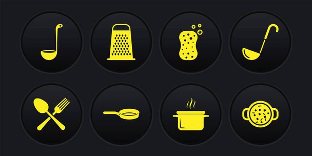 Set Gekruiste vork en lepel Keukenlepel Braadpan Kookpot Spons met belletjes Grater soep en icoon. Vector. - Vector, afbeelding