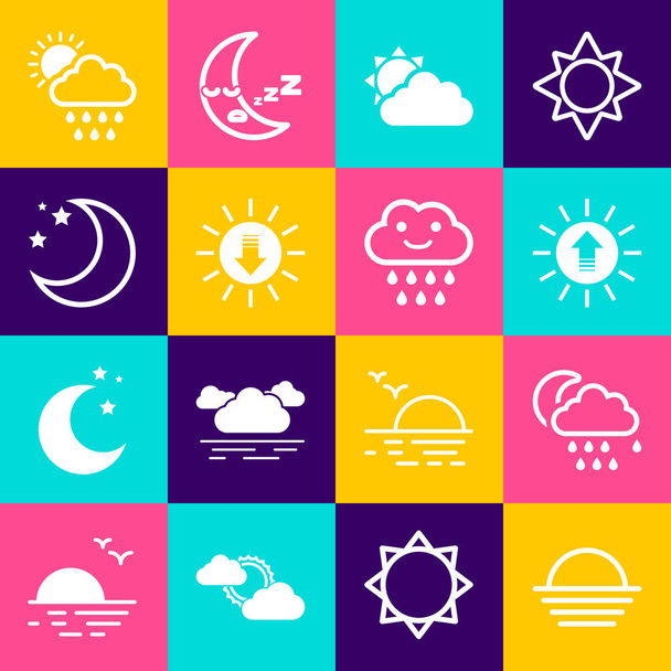 Set Sunset Cloud with rain and moon cloud weather Moon stars sun and icon. Vector. - Вектор,изображение