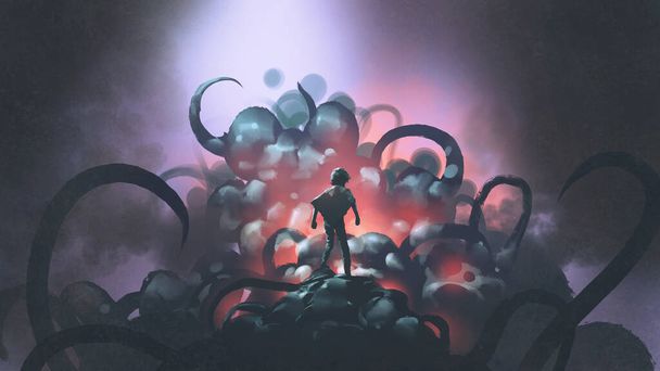 Escena de fantasía oscura que muestra a un niño parado sobre un monstruo gigante con piel y tentáculos ampollosos, estilo de arte digital, pintura de ilustración - Foto, Imagen