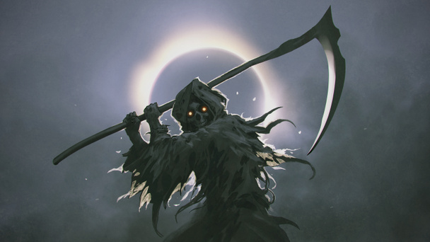 A Morte como conhecido como Grim Reaper segurando a foice contra o eclipse no fundo, estilo de arte digital, pintura ilustração - Foto, Imagem