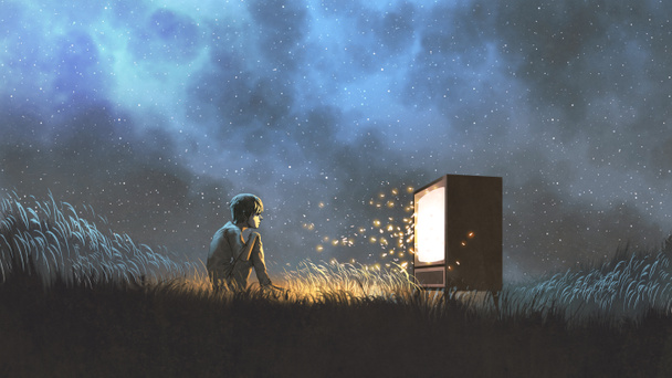 escena nocturna del niño viendo una televisión antigua que brilla y chispas vuelan, estilo de arte digital, pintura de ilustración - Foto, Imagen