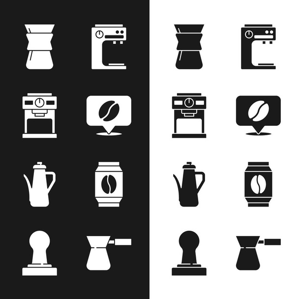 Set Location with coffee bean, Coffee machine, Pour over maker, Teapot, Bag beans, turk and tamper icon. Vector - Vettoriali, immagini