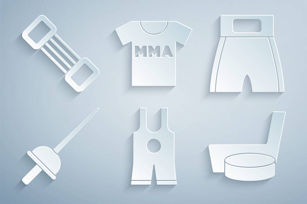 Σετ Πάλη singlet, Πυγμαχία σύντομη, Ξιφασκία, χόκεϊ επί πάγου ραβδί και puck, T-shirt με fight club MMA και στήθος expander εικονίδιο. Διάνυσμα - Διάνυσμα, εικόνα