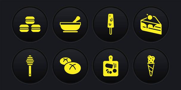 Mézes mártogatós bot, torta, kenyérpirító, vágódeszka, jégkrém, torta és mozsártörő, gofrisütő és makarónis süti ikon. Vektor - Vektor, kép