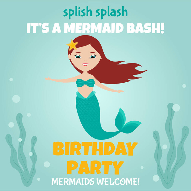 Splish splash, je to narozeninová párty. Pozvánka na narozeninovou párty s roztomilou mořskou pannou. Návrh plochého stylu.  - Vektor, obrázek