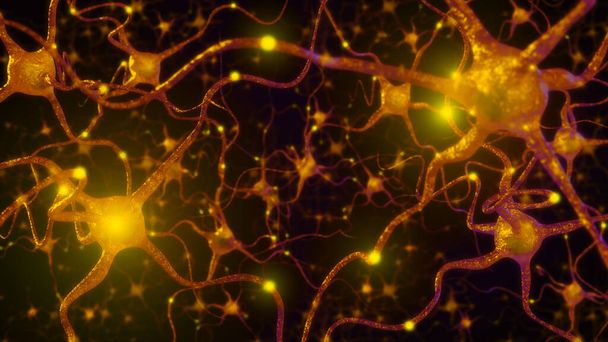 Red neuronal con actividad eléctrica de células neuronales, renderizado 3d. - Foto, imagen