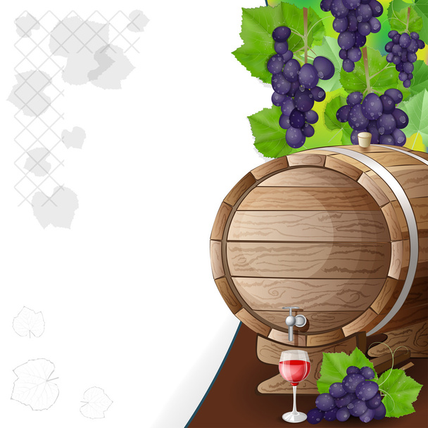 uvas, barris e taças de vinho
 - Vetor, Imagem
