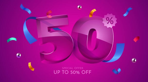 50 percent Off. Discount creative composition. 3d mega sale symbol with decorative objects. Sale banner and poster. - Vektör, Görsel