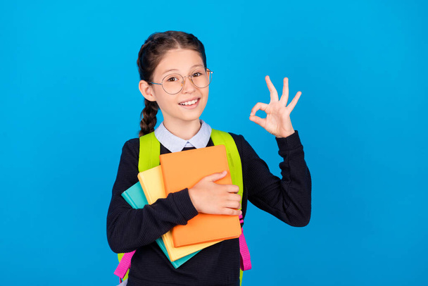 Photo of smiling good mood charming schoolgirl hold books show ok sign gesture isolated on blue color background - Foto, Imagen