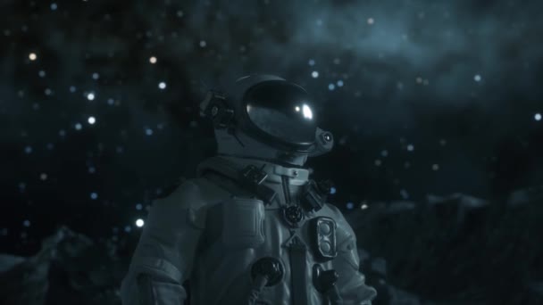 Astronautti uudella tuntemattomalla lumiplaneetalla muukalaistähtien alla. Animaatio fantasia, futuristinen tai avaruusmatkailun taustat - Materiaali, video