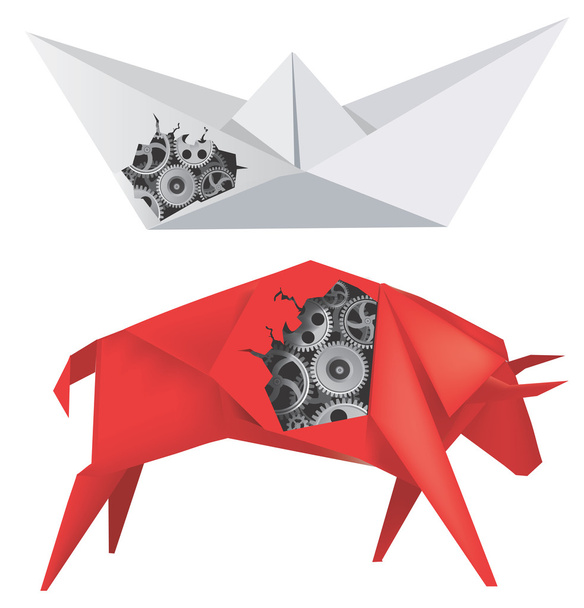 Origami σκάφος και ταύρου με εργαλεία - Διάνυσμα, εικόνα