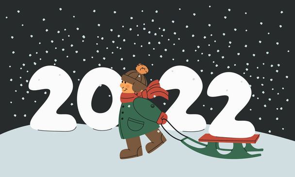 Onnellinen lapsi kantaa kelkassa vuotta 2022. Joulun ja uudenvuoden vektori kuva suunnittelussa kortteja, bannerit, tarroja. - Vektori, kuva