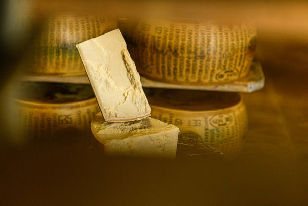 A wheel of parmesan cheese on a cutting board at the diary - Photo, Image