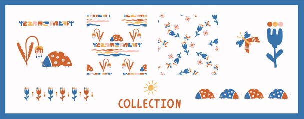 Whimsical henri matisse style cut out shape pattern set. Seamless collage retro allover print collection. Trendy playfull baby nursery decor, scandi fashion, decorative child prints. Vector swatches - Vector, Image