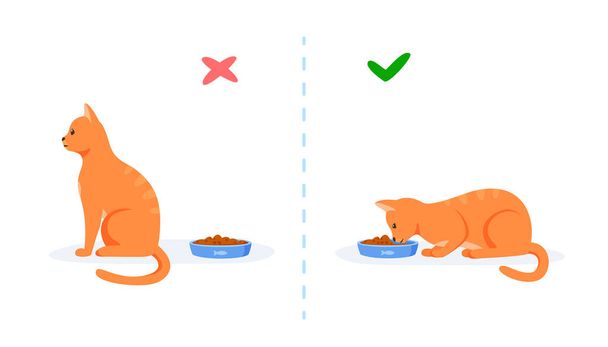 Koty z dobrym i złym apetytem. Wybredny kot odmawiający jedzenia i głodny kot jedzący jedzenie w misce. Karmienie zwierząt domowych problem koncepcja. Wektor płaski - Wektor, obraz