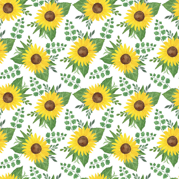 Żółte słoneczniki i liście kwiatowe układ bezszwowy wzór, symbol okresu letniego i zbiorów dla tkanin, dekoracji papieru upominkowego - Zdjęcie, obraz