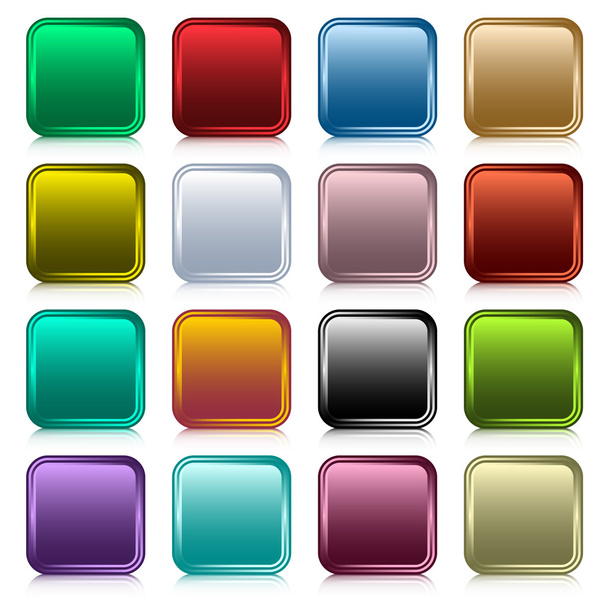 Web buttons set in 16 rounded square assorted colors with reflection. Scalable. Isolated on white. - ベクター画像
