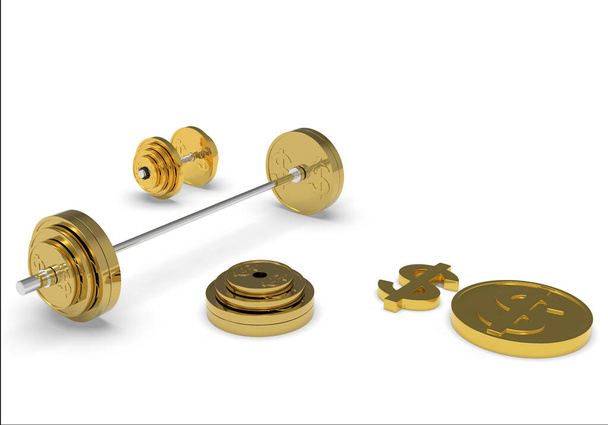 Золотой штанга гантель и монета с символом доллара 3D-рендеринг - Фото, изображение