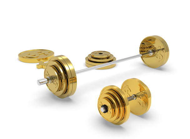 Gold barbell dumbbell and a coin with a dollar sign 3d-rendering - Photo, Image