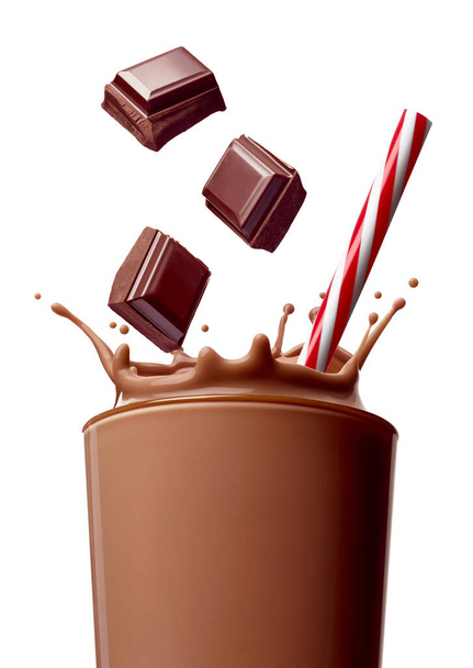 csokoládé tejital fröccsenő üveg szalma - Fotó, kép