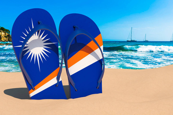 Flipflops mit Marshallfahne am Strand. Marshallinseln Resorts, Urlaub, Touren, Reisepakete Konzept. 3D-Darstellung - Foto, Bild