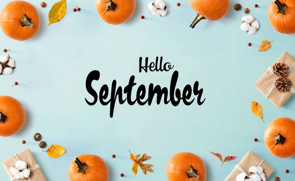 Hello September message with autumn pumpkins with present boxes - 写真・画像