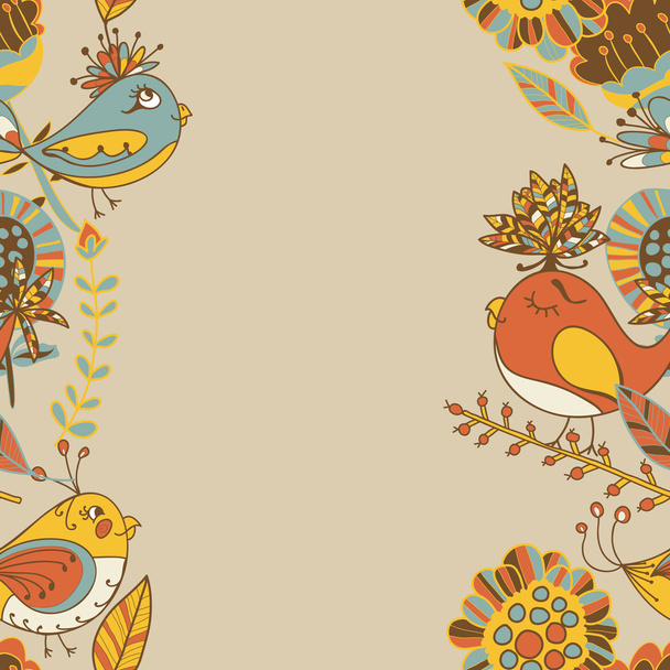 streszczenie rysowane ręcznie kwiaty i ptaki - Wektor, obraz