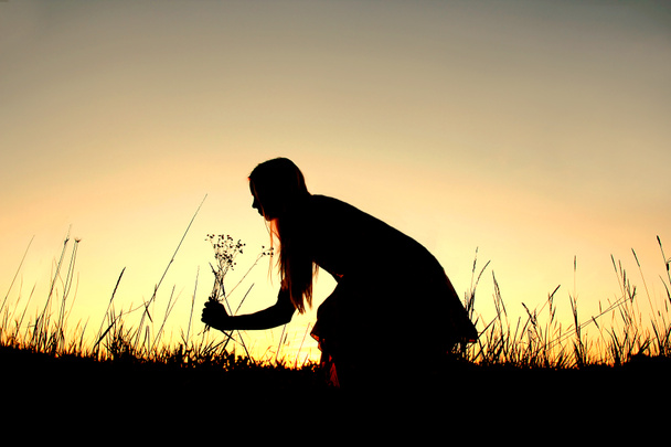 Silueta de mujer recogiendo flores silvestres en el prado al atardecer
 - Foto, imagen