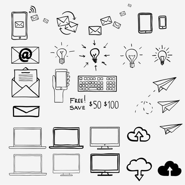 Hand draw doodle icons. Concept internet, work, office, shopping - Vector, Image