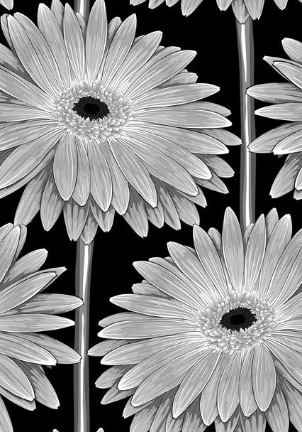 piękne monochromatyczne, czarno-białe bezszwowe tło z gerbera kwiat z pnia. - Wektor, obraz