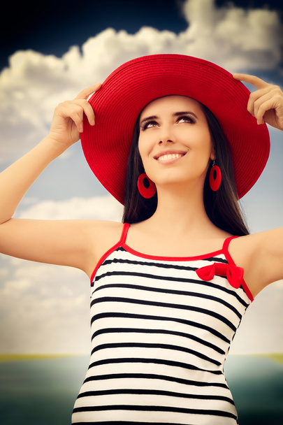 Beautiful Girl with Straw Hat on Blue Sky - Photo, Image