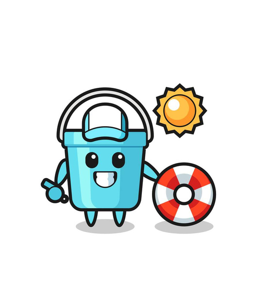 Dibujos animados mascota de cubo de plástico como guardia de playa, lindo diseño de estilo para camiseta, pegatina, elemento de logotipo - Vector, Imagen