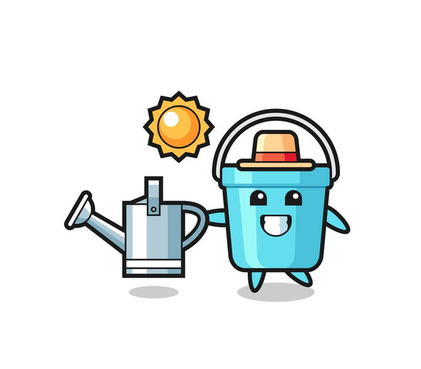 Cartoon character of plastic bucket holding watering can , cute style design for t shirt, sticker, logo element - Vector, Image