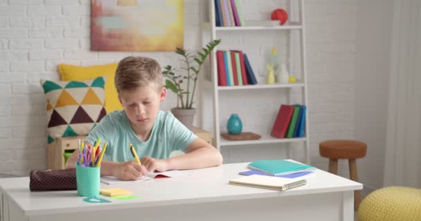 Cansado menino fazendo aulas em casa - Filmagem, Vídeo
