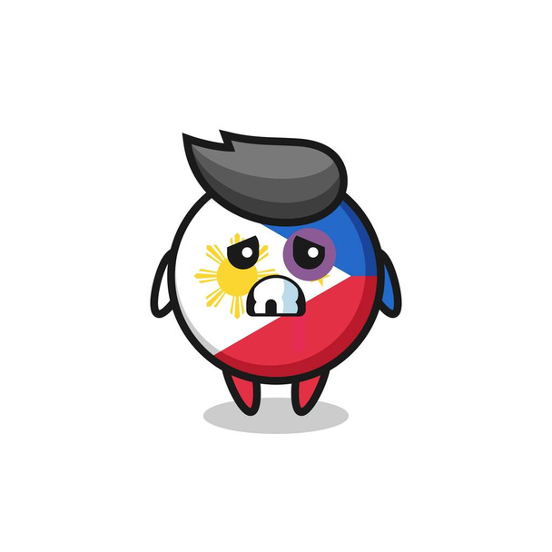 gewonde Filippijnen vlag badge karakter met een gekneusd gezicht, leuke stijl ontwerp voor t-shirt, sticker, logo-element - Vector, afbeelding