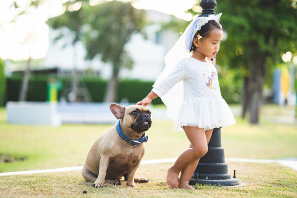 A cute little Thai girl in a white dress playing with her lovely french bulldog in a park - Fotó, kép