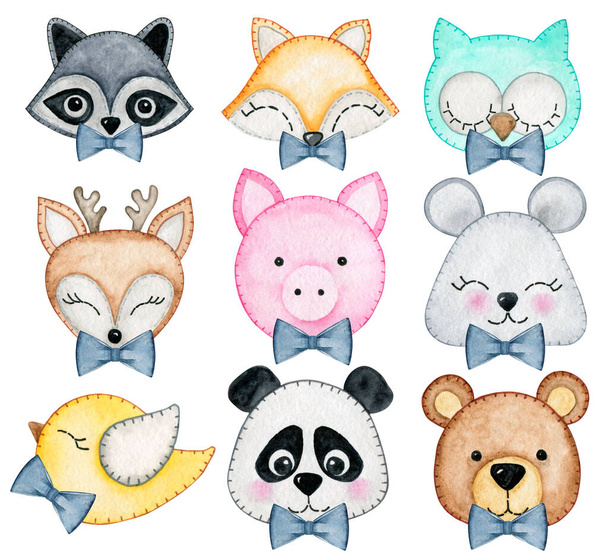 8023 Watercolor set of forest cartoon isolated cute baby animals  with decorations for boy baby design. Nursery woodland clipart - Photo, Image