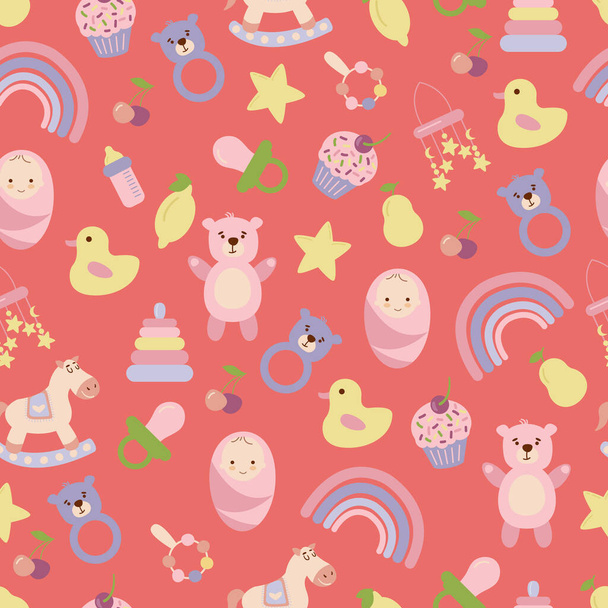 Baby pattern with child's toys, objects. Seamless pattern with baby things. Design for fabrics, textiles, wallpaper, packaging, children's room decoration. - Vector, Image