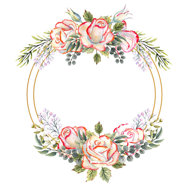 Goldener geometrischer Rahmen mit einem Strauß weißer Rosen mit Blättern, dekorativen Zweigen und Beeren. Aquarell-Illustration für Logos, Einladungen, Grußkarten - Foto, Bild