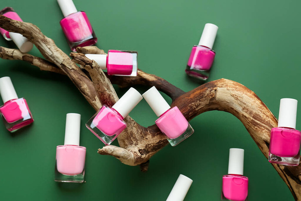 Nail polishes and dry branch on color background - Photo, Image
