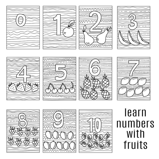 oppia numeroita käyttäen hedelmiä, joukko väritys sivuja nollasta kymmeneen eri hedelmiä ja raidallinen kuvioita vektori kuva - Vektori, kuva