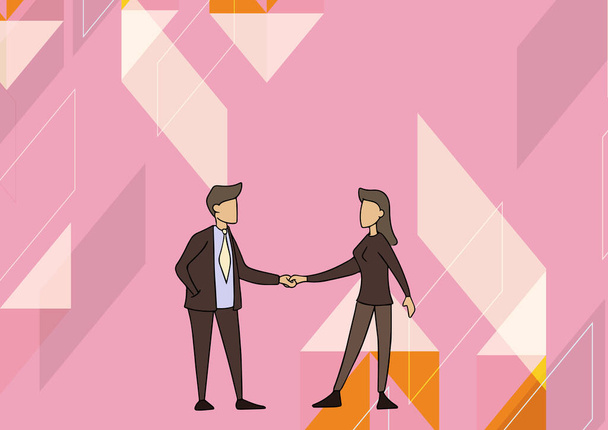 Man And Woman Drawing Standing Facing Towards Each Other Holding Hands. Businesswoman And Businessman Design Hand Hold Looking Forward Showing Agreement. - Vector, Image
