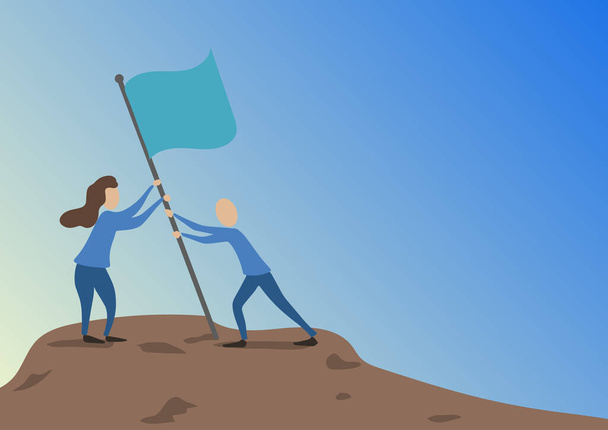 Homem e mulher a desenhar em pé a armar uma bandeira no pico da montanha. Colegas Design Sticking Banner Pole Hill Top Mostrando Objetivos Alcançados Através do Trabalho em Equipe. - Vetor, Imagem